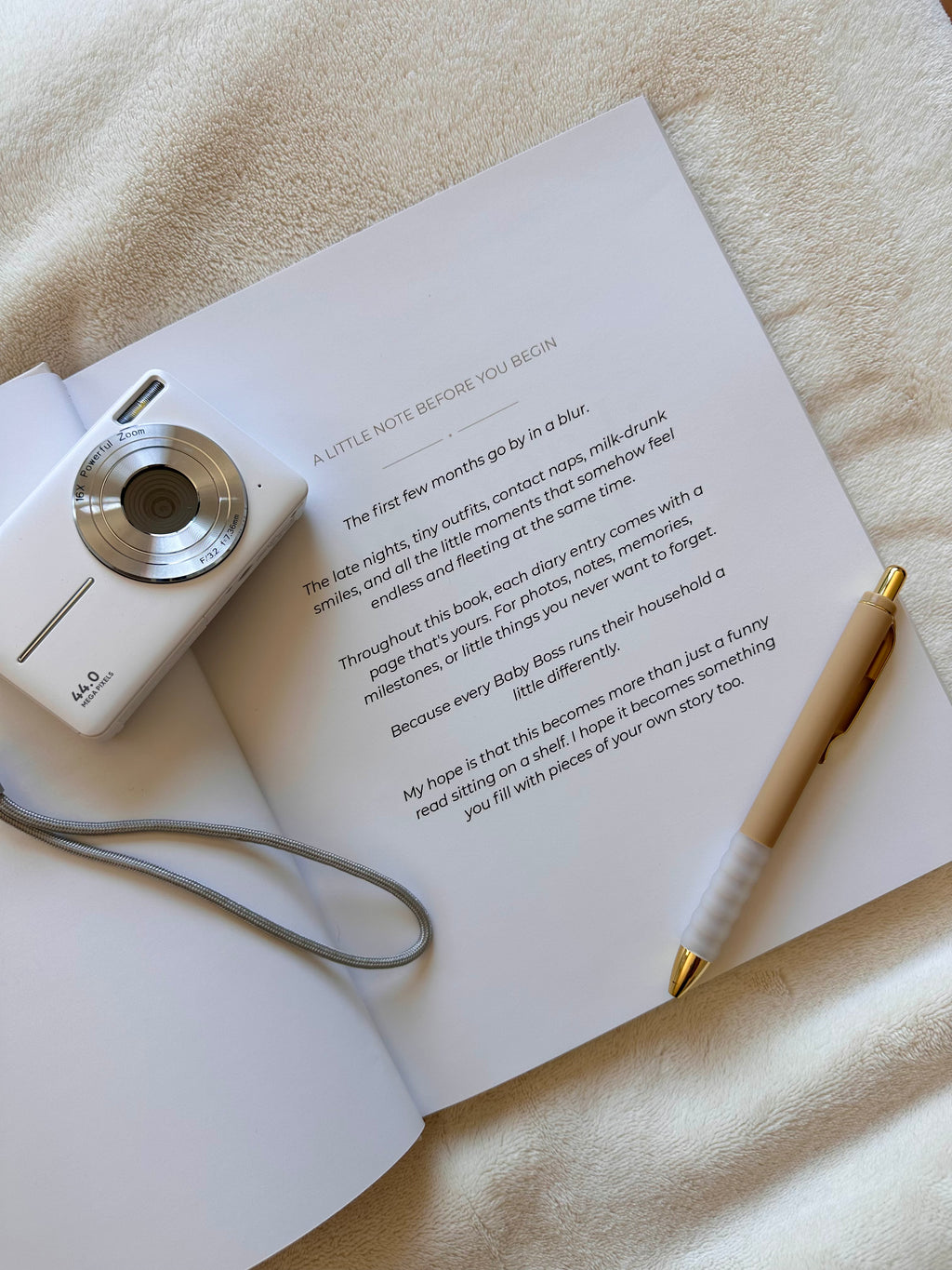 Open Dear Diary baby memory book showing an interior introduction page