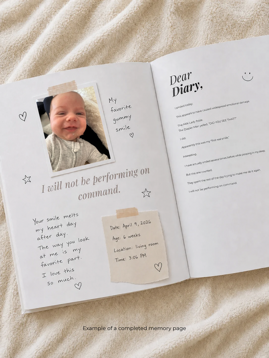 Open Dear Diary baby memory book with a baby photo, handwritten notes, and keepsake page