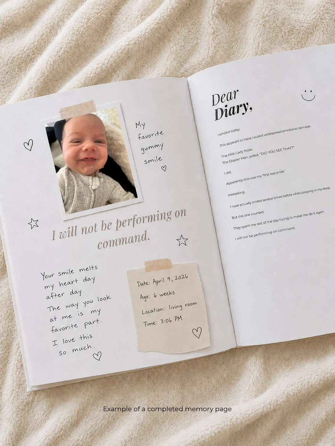 Open Dear Diary baby memory book with a baby photo, handwritten notes, and keepsake page